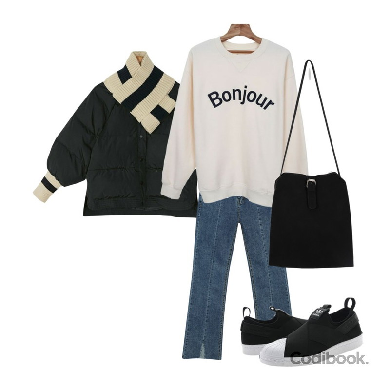 ABLY [기솔 PICK] 잭팟 슬릿 팬츠_,Zemma World (ZEM.made) Bonjour-기모맨투맨[size:44~77(남여공용) / 3color],BANHARU boxy fit warmer set padding jumper등을 매치한 코디