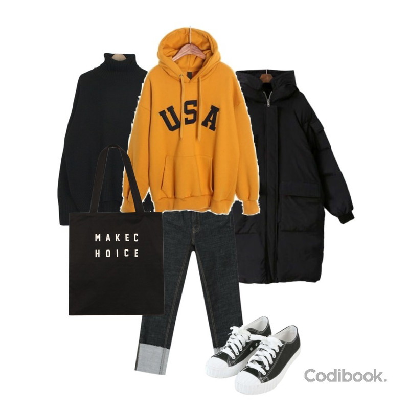 myblin 슬림 일자 턴업 청바지,LINDA GIRLS 히포 롱패딩 (3color),about moon 램스울 폴라니트 (4 color)등을 매치한 코디