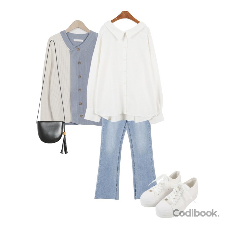 UPTOWN HOLIC 이언 부츠컷 pants,From Beginning Half color knit cardigan_H (size : free),MINIBBONG 슈팅 스니커즈등을 매치한 코디