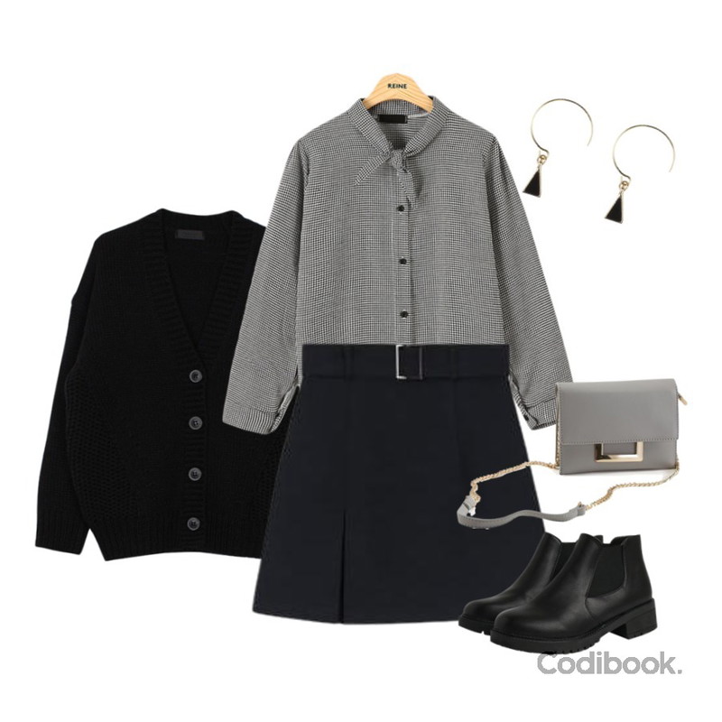 MIXXMIX 델라 벨트 스커트,biznshoe Wool button cardigan (2color),Reine 하이브 체크 리본 카라 블라우스등을 매치한 코디