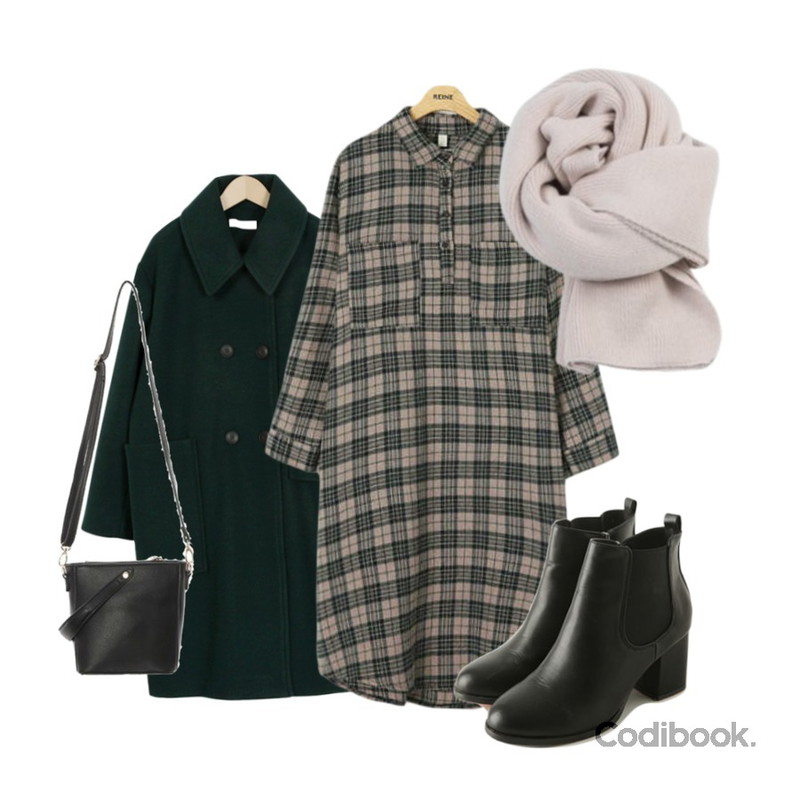 Reine 레너드 체크 롱 셔츠 원피스,From Beginning Dia collar double coat_K (size : free),ROCOSIX sotie mini bag등을 매치한 코디