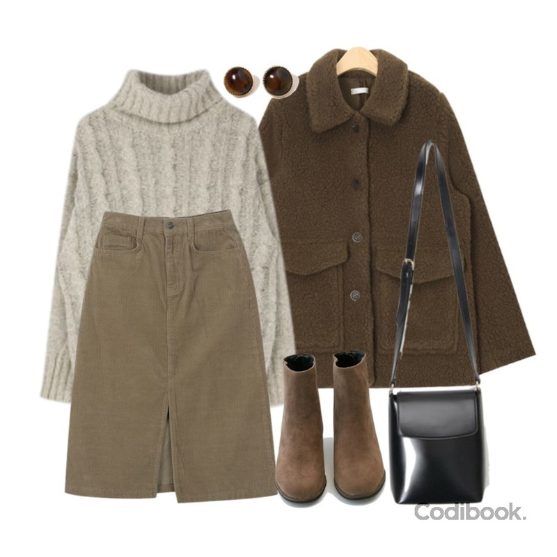 AIN message square bag,AIN dinky bumble jumper,MIXXMIX 꽈배기 하이넥 니트등을 매치한 코디