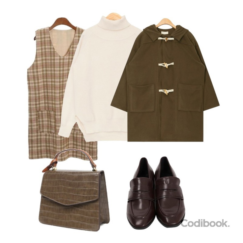 ROCOSIX check V-neck dress,AIN honey duffel coat,AIN apollo polar knit등을 매치한 코디