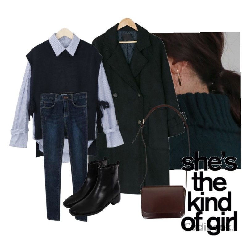 daily monday Flat bar earring,myblin 스트라이프 셔츠 쪼끼 Set,BANHARU double button loose fit trench coat등을 매치한 코디