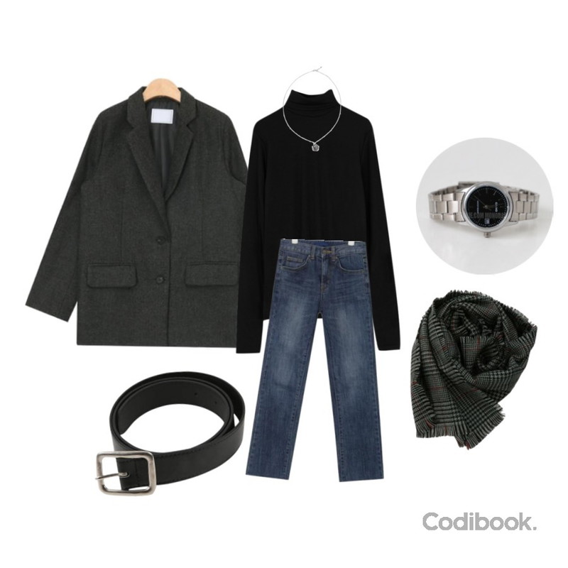 Monobabie  카시오 메탈 WSliver White/Silver Black,AIN herringbone simple tender jacket,BANHARU mix check muffler등을 매치한 코디