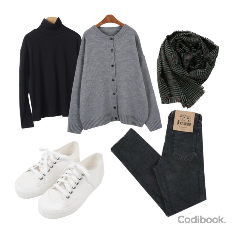 Zemma World (ZEMMA.W) Cheese Jean (ver.슬럽세미부츠컷),MINIBBONG 빌리 라운드가디건,OBBANG STYLE 스턴트기모폴라티셔츠등을 매치한 코디