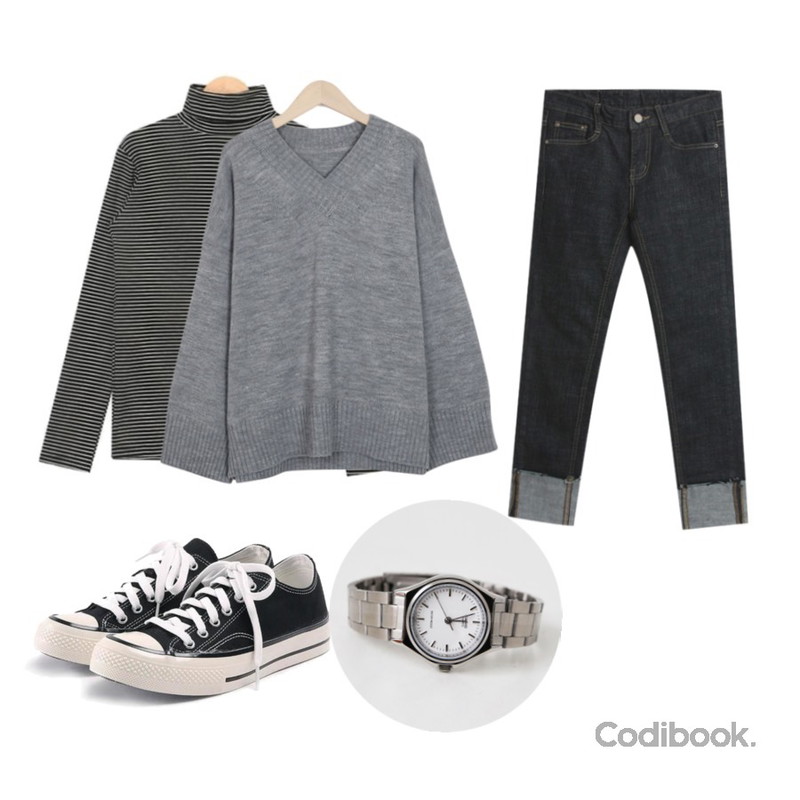 TODAY ME 젤라빈 데님 팬츠,From Beginning Day fit v-neck knit_B (size : free),AIN daily stripe polar T등을 매치한 코디