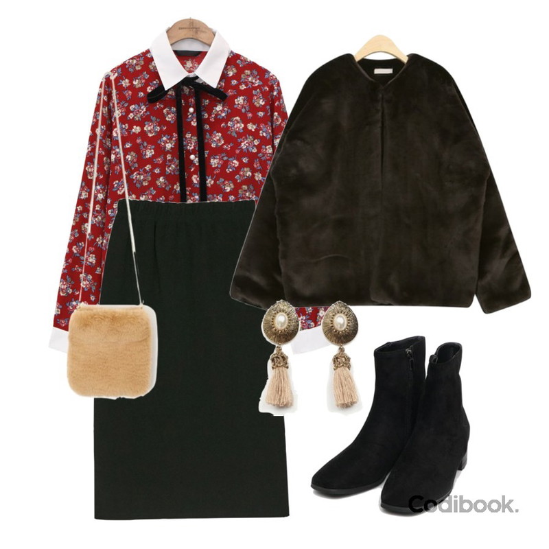 AIN symbol mink fur jacket,BANHARU minimal knit banding skirt,common unique [TOP] LUANA FLOWER STRAP BLOUSE등을 매치한 코디