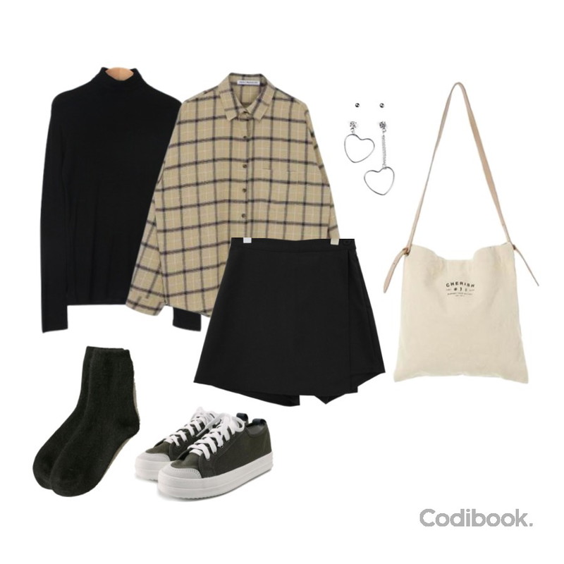 MIXXMIX 멜팅 체크 셔츠,MESMIN 올르 베이직 폴라티 (4color),common unique [SKIRT] QUEEN WRAP PANTS SKIRT등을 매치한 코디