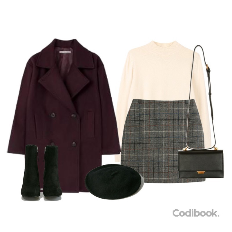 biznshoe Soft half neck knit (12color),MIXXMIX 오버 더블 코트,TODAY ME [skirt]오퍼 스커트(클래식 체크 기본 데일리 미니sk)등을 매치한 코디