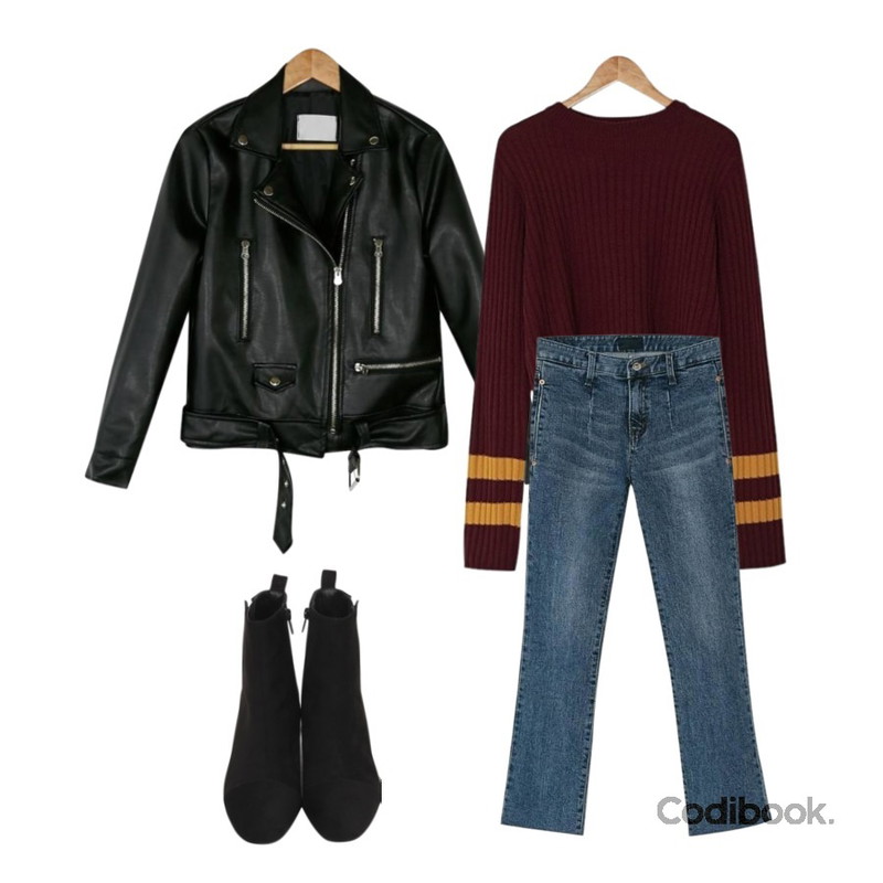 BANHARU fake leather rider jacket,BANHARU golgi coloring crop knit,BANHARU side pocket crop jean등을 매치한 코디