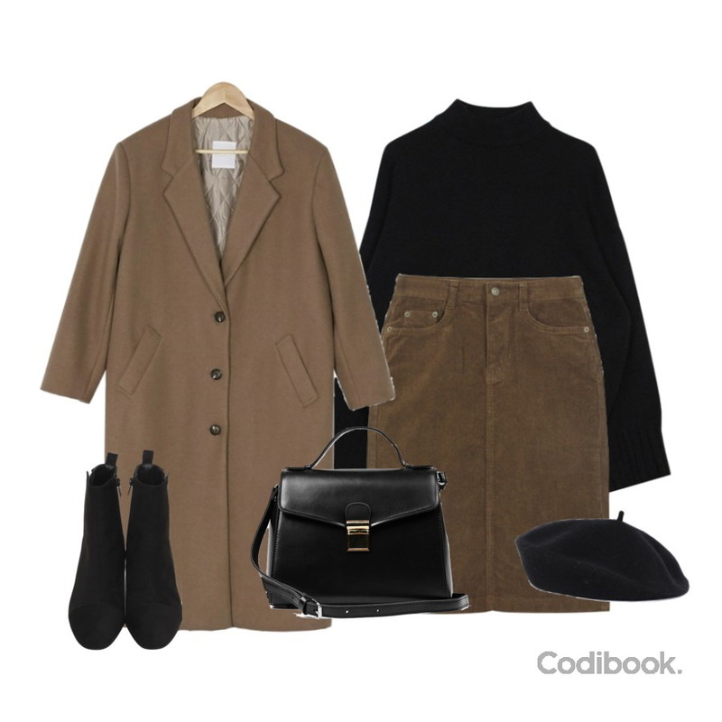 biznshoe Basic half neck knit (4color),BANHARU chic boxy fit coat,TODAY ME [skirt]린지 스커트(코듀로이 골덴 미디 롱sk)등을 매치한 코디
