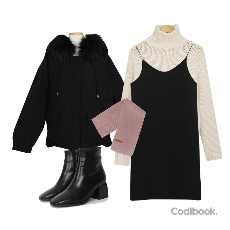 AWAB 노튼블랙나시원피스,AWAB 첵스망고니트,AWAB 스노우웰론패딩등을 매치한 코디