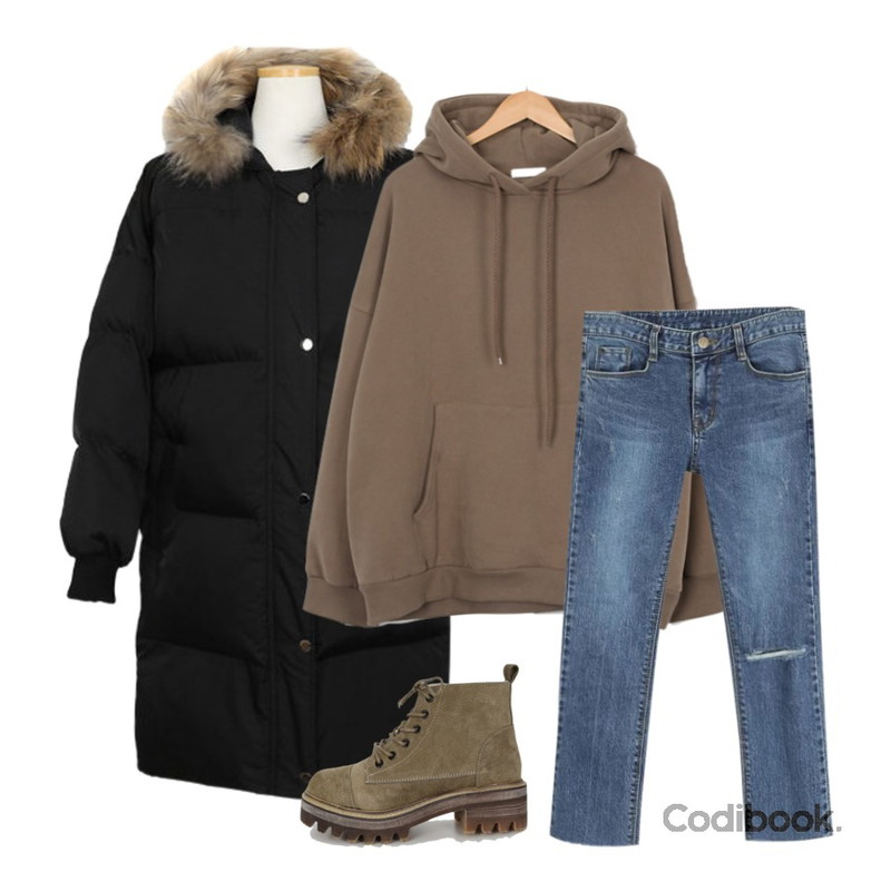 AWAB 도레슬림일자팬츠,AWAB 젤리박스양기모포켓후드,AWAB 아이리스롱패딩등을 매치한 코디