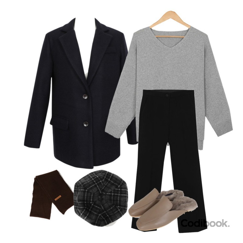 AWAB 쉐도램스울브이니트,AWAB 스텐드울자켓,AWAB (예쁘진)와이드세미부츠컷슬랙스등을 매치한 코디