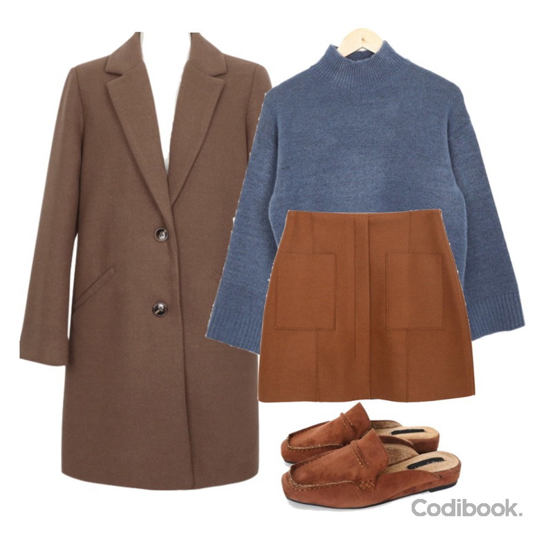 AWAB 솜사탕반폴라니트,AWAB 투포켓모직스커트,AWAB 마블코코아울코트등을 매치한 코디