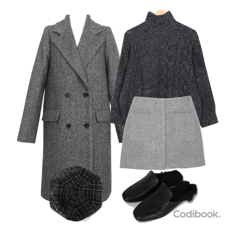 AWAB 울헤링본코트,AWAB 투포켓모직스커트,AWAB 티엔꽈배기폴라니트등을 매치한 코디
