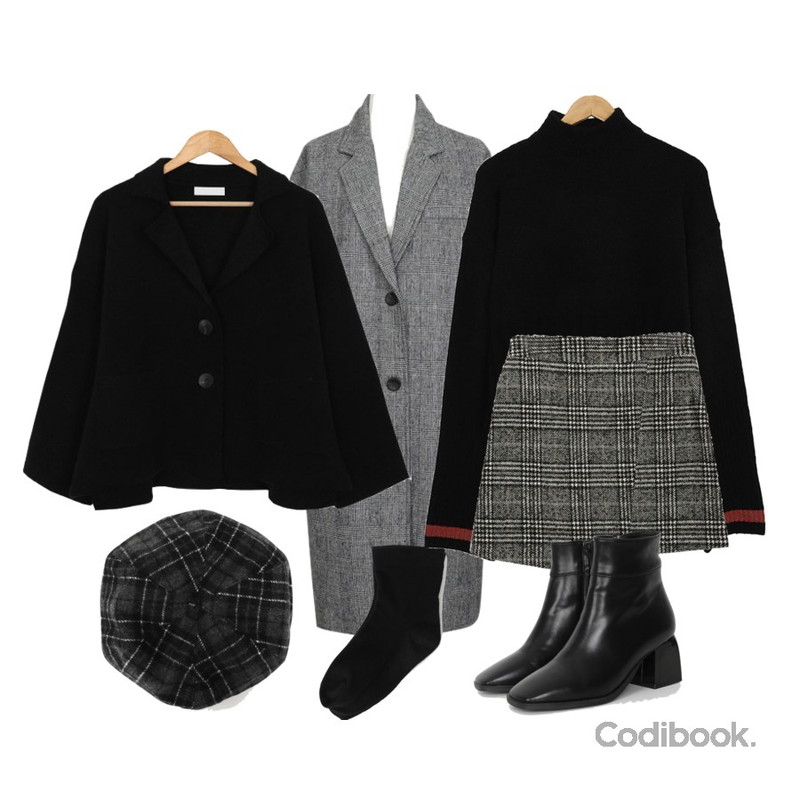 AWAB 레블첵울글렌롱코트,AWAB 모멘트체크베레모,AWAB 코즈카라니트가디건등을 매치한 코디