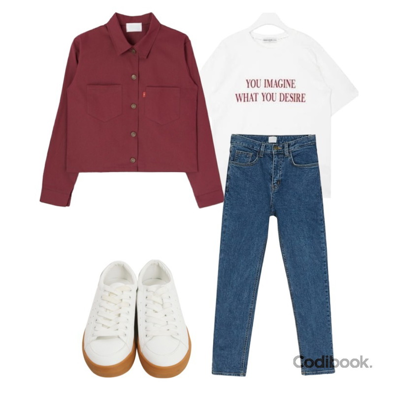 MIXXMIX 베니 포켓 자켓,AIN FRESH A velvet lettering T (2 colors),BANHARU slim straight napping jean등을 매치한 코디