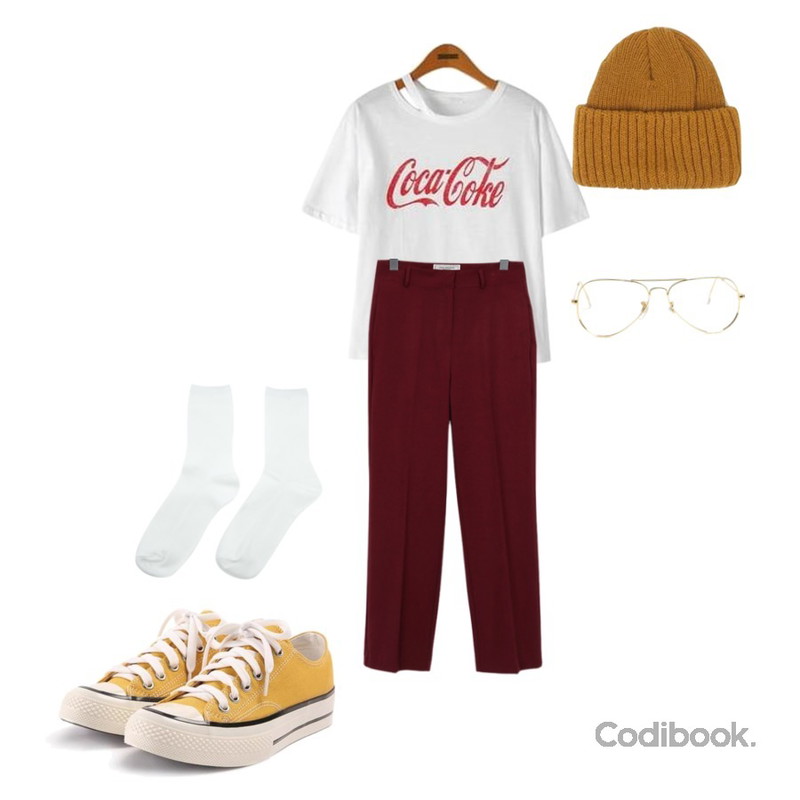 From Beginning Made_bottom-081_loose long slacks (size : S,M,L),Reine 코카 트임 티셔츠,ROCOSIX simple coton sneakers등을 매치한 코디