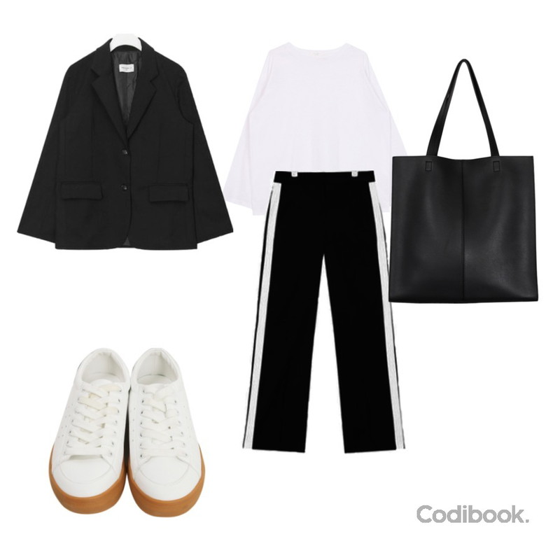 AIN FRESH A track slacks,biznshoe Over round tee (3color),AIN FRESH A two button jacket등을 매치한 코디