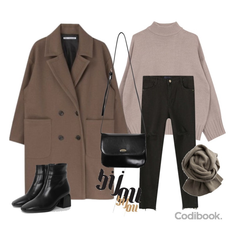 Reine 젠미 스키니 데님 팬츠,MIXXMIX 로리언 더블 버튼 코트,biznshoe Basic half neck knit (4color)등을 매치한 코디