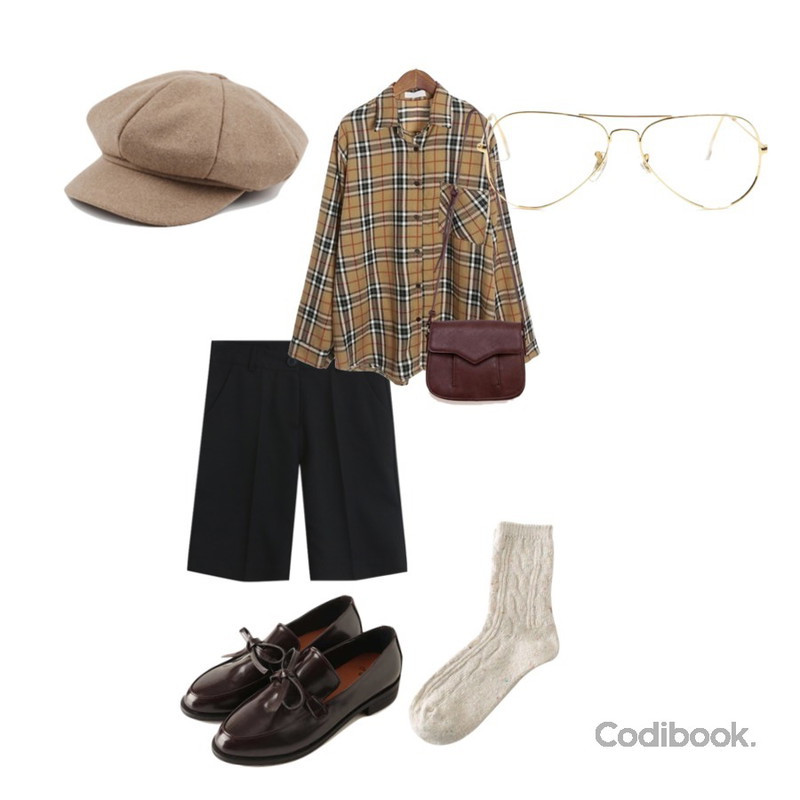 daily monday Wool simple hunting cap,TODAY ME [short pants]톰톰 5부 팬츠,Reine 그레이스 리본 로퍼등을 매치한 코디