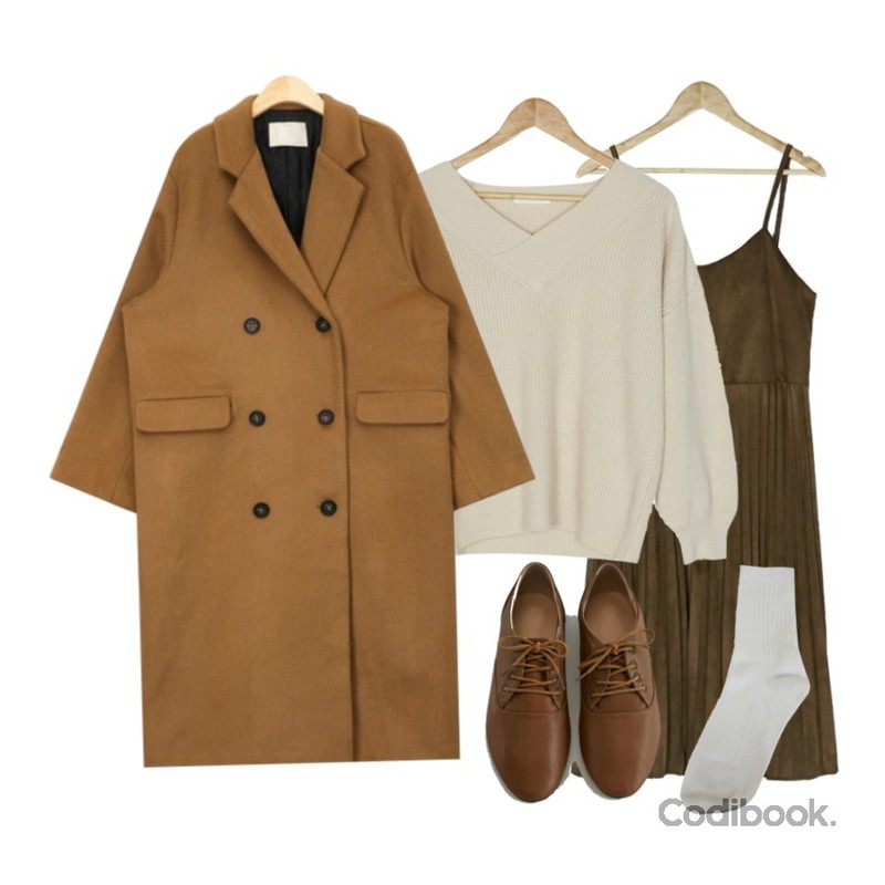 AIN napping double wool long coat,BANHARU milk angora v-neck knit,BANHARU suede pleats long ops등을 매치한 코디
