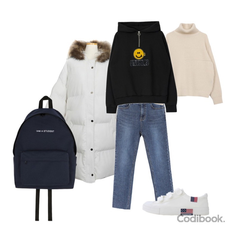 biznshoe Wool turtle knit (4color),AWAB 아이리스롱패딩,AWAB (예쁘진)데님기모일자팬츠등을 매치한 코디