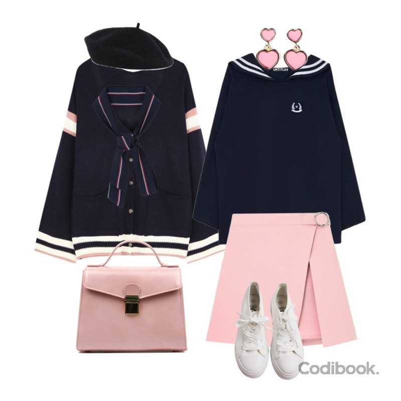 MIXXMIX 샤벳 오링 스커트,MIXXMIX Laurel Sailor Top,ABLY [혜민 PICK] 배색 니트가디건_등을 매치한 코디