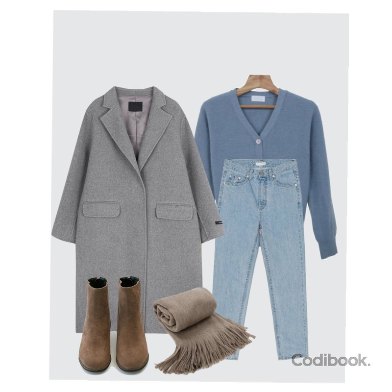 Grey,Zemma World Dear-앙고라가디건 (램스울60%,앙고라20%)[size:44~66 / 4color],BANHARU light blue semi baggy jean등을 매치한 코디