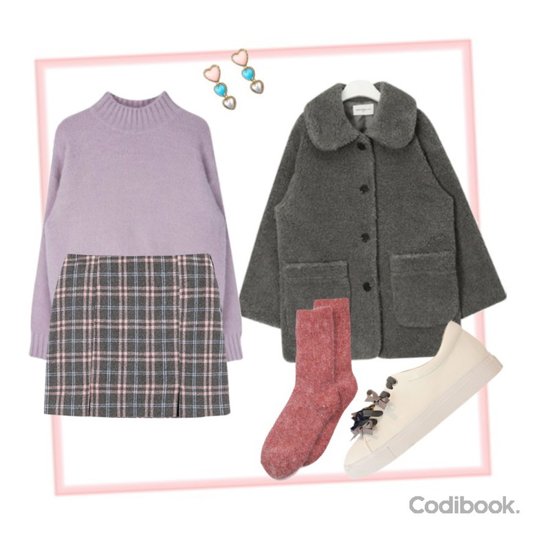 pink frame,MIXXMIX 구름 하프넥 니트,AIN FRESH A soft dumble jacket등을 매치한 코디