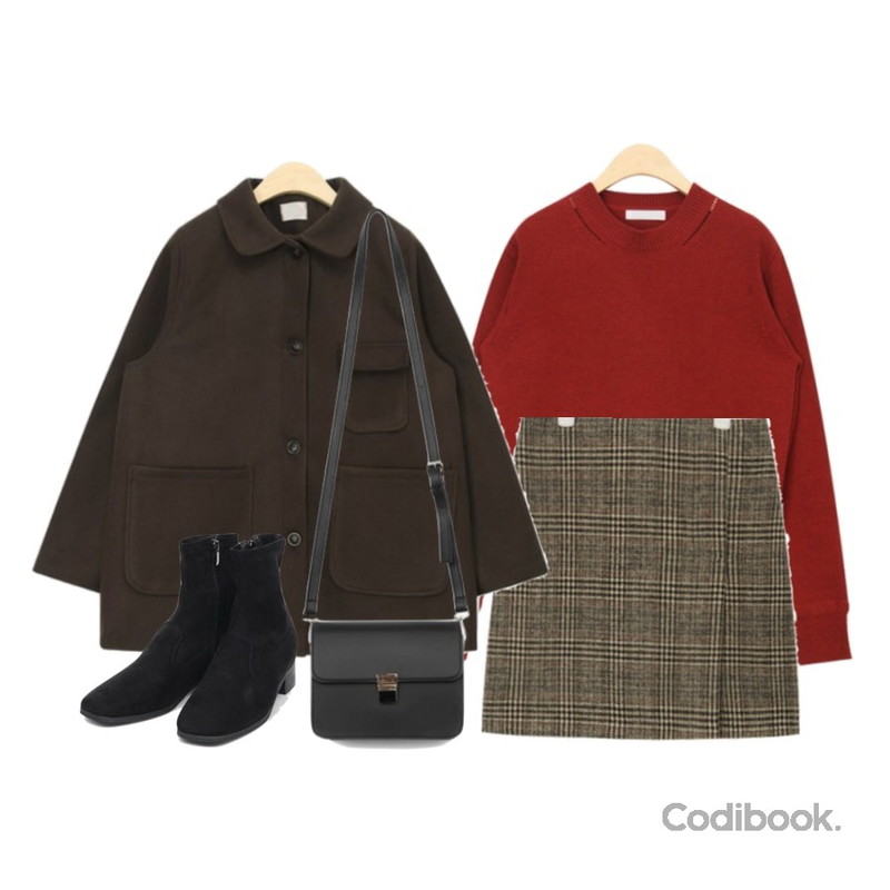 AIN cocoa pocket jacket,AIN rib hem wool knit,AIN pet name slit check skirt (s, m)등을 매치한 코디