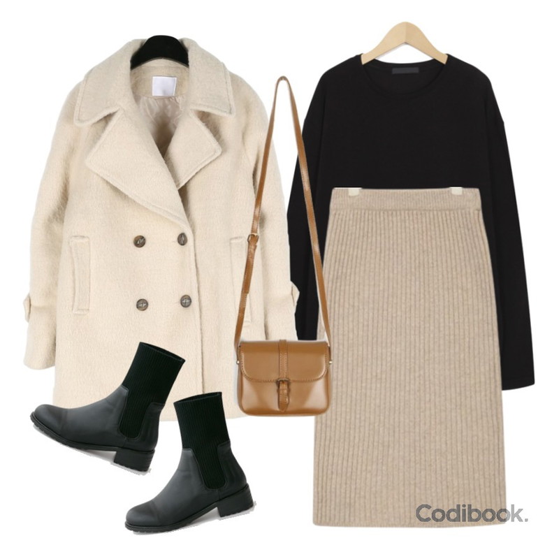 AIN mild wool knit skirt,From Beginning Roll-sleeve cotton T_H (size : free),daily monday Cozy half double coat등을 매치한 코디