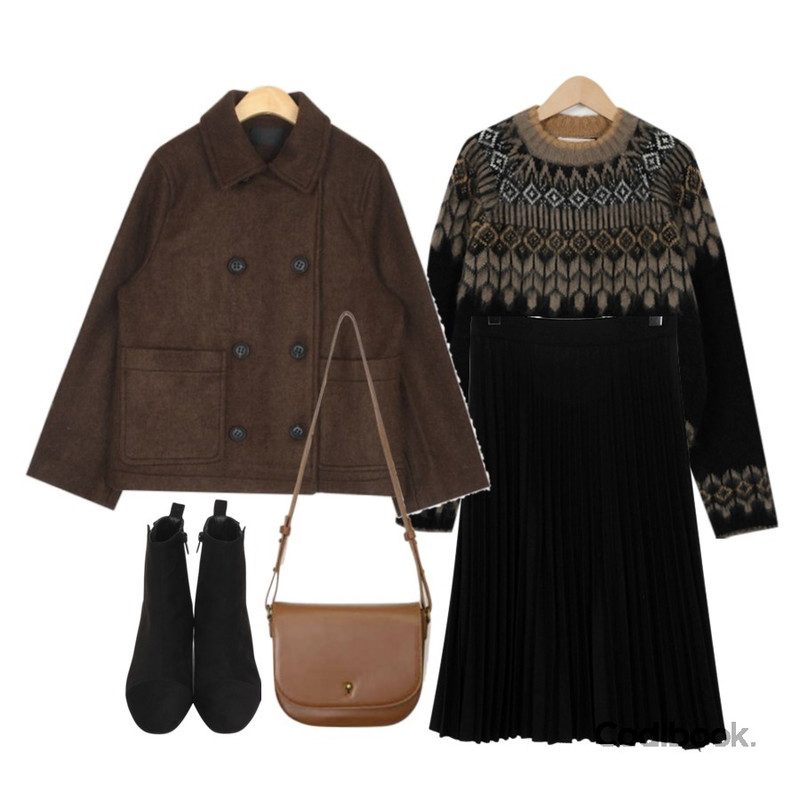 AIN once more double jacket,From Beginning Bonita round knit_K (size : free),From Beginning Winter pleats skirt_K (size : free)등을 매치한 코디
