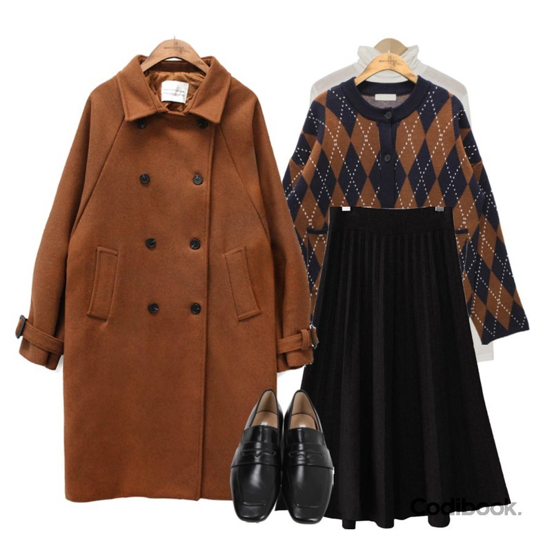 From Beginning Slit sleeve turtle neck T_S (size : free),common unique [OUTER] AGAIL ROUND NECK CARDIGAN,common unique [SKIRT] KNIT PLEATS MIDI SKIRT등을 매치한 코디