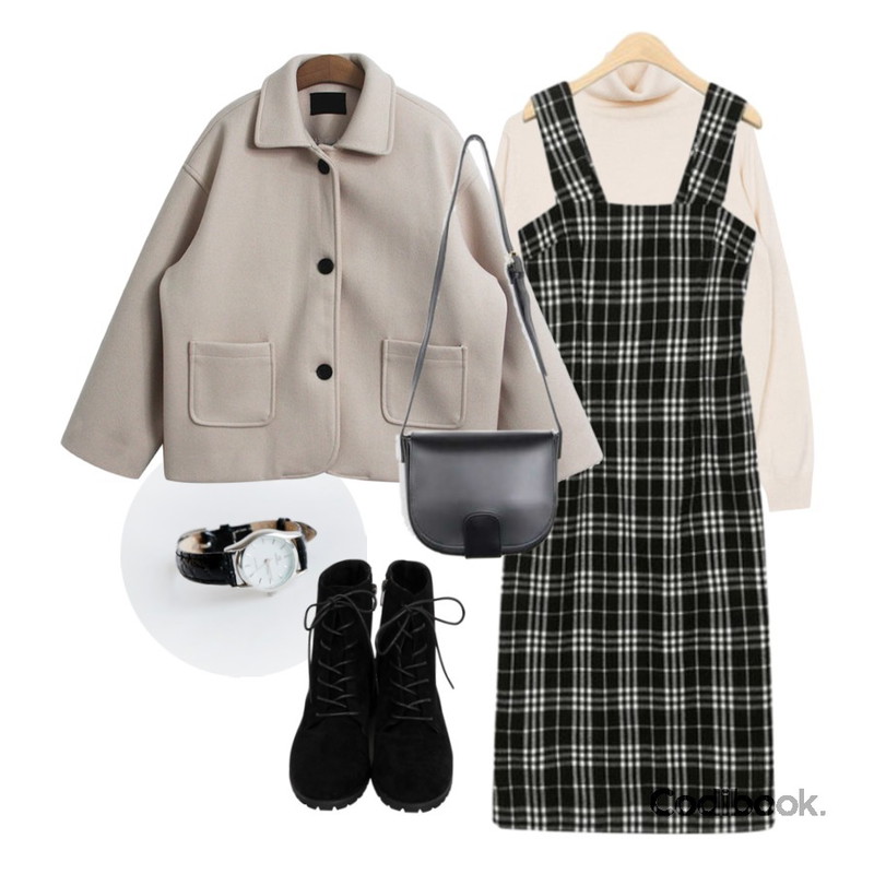 daily monday Line frame watch,AIN momo girl check ops,biznshoe Color turtle-neck knit (4color)등을 매치한 코디