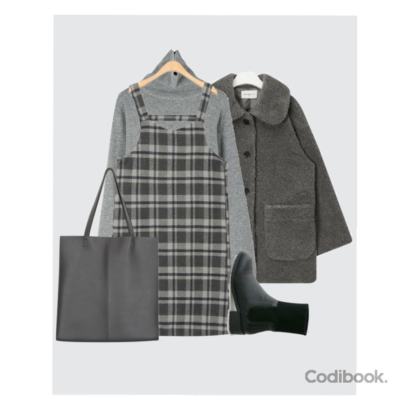Grey,AIN FRESH A soft dumble jacket,daily monday Wide sleeve turtle wool knit등을 매치한 코디