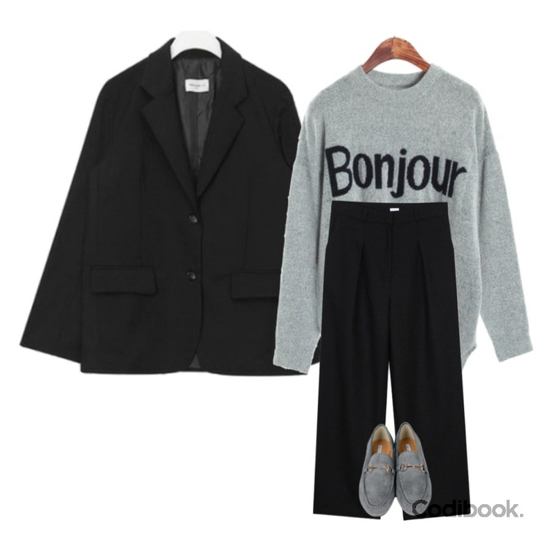 AIN FRESH A two button jacket,ROCOSIX bonjour lettering NT,biznshoe Wide long slacks (3color)등을 매치한 코디