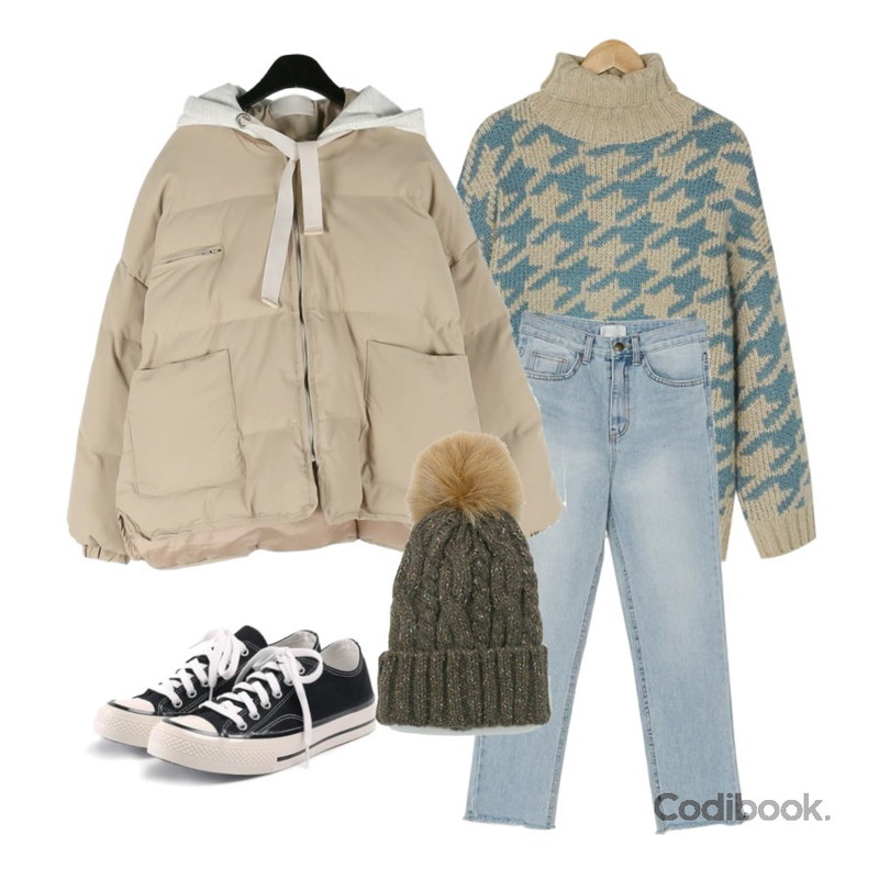 BANHARU free cutting denim straight pants,daily monday Velvet string hood padding jumper,BANHARU hound tooth check knit등을 매치한 코디