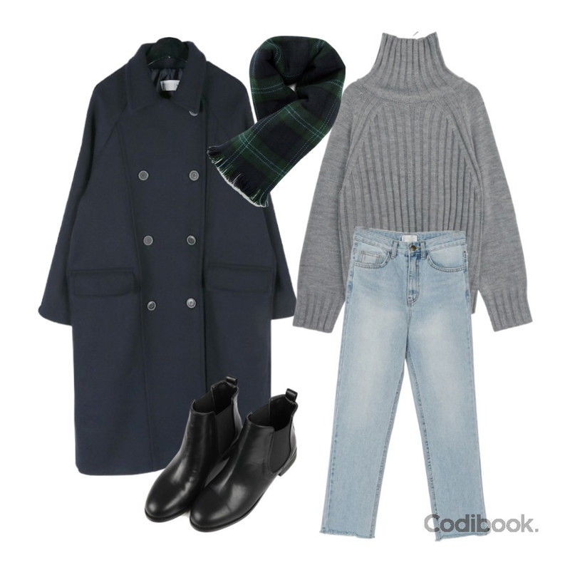 common unique [TOP] 5 COLOR TURTLE NECK KNIT,daily monday Mannish wool double coat,BANHARU free cutting denim straight pants등을 매치한 코디