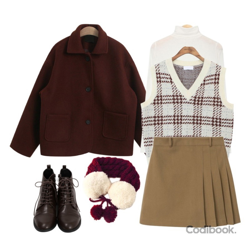 TODAY ME [coat]하더 코트(울 카라 포켓 미니 숏 자켓 코트),AIN lucy polar T,common unique [OUTER] MIX CHECK WOOL KNIT VEST등을 매치한 코디