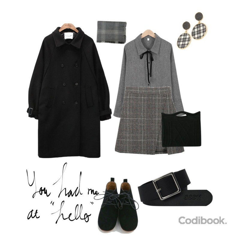 AWAB 플리엘체크스커트,myblin 헤링본 리본 블라우스,common unique [OUTER] RAGLAN TRENCH WOOL COAT등을 매치한 코디