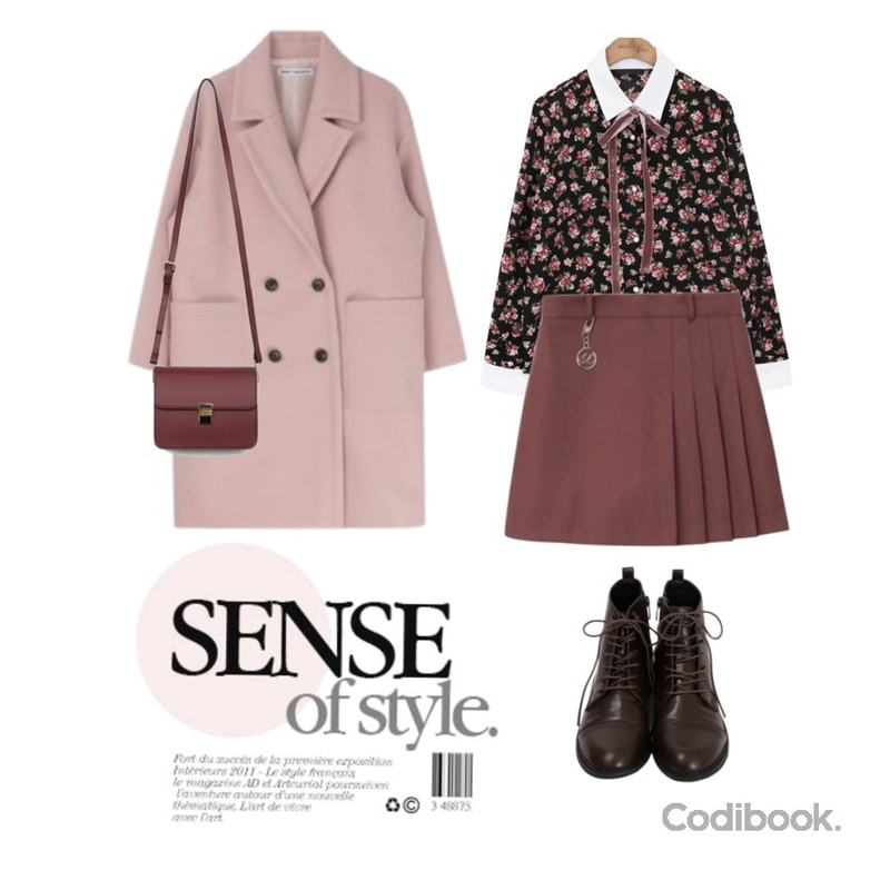 MIXXMIX 로리언 더블 버튼 코트,common unique [TOP] LUANA FLOWER STRAP BLOUSE,MIXXMIX Pleats Skirt Pants등을 매치한 코디