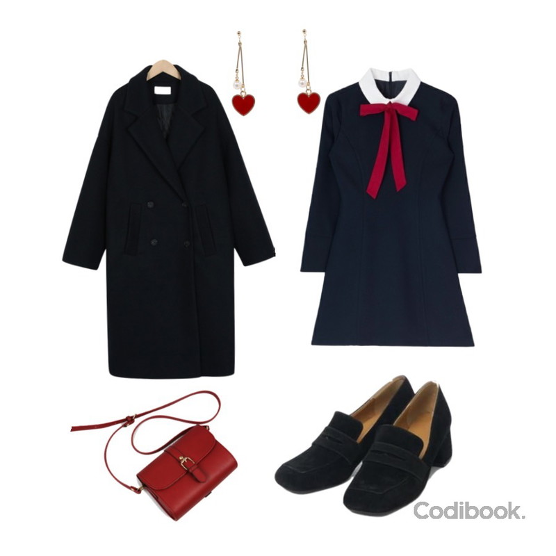MIXXMIX 메리엘 리본 원피스,AIN square shape suede heel (225-250),From Beginning London boxy long coat_S (size : free)등을 매치한 코디