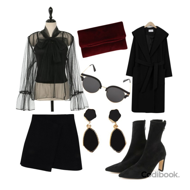 ROCOSIX preen socks ankle heel,Zemma World Shy-모직스커트 (울10%)[size:S,M / 3color],UPTOWN HOLIC 시스루 리본타이 bl (*2color)등을 매치한 코디