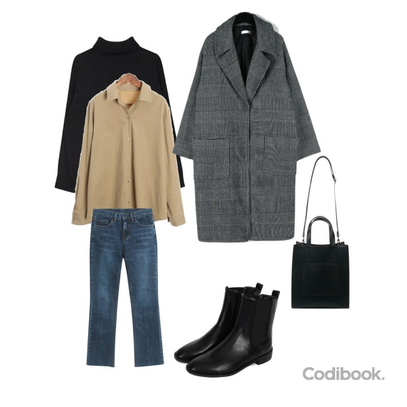 ROCOSIX vito urban soft basic ST,TODAY ME [denim]콜리 데님 팬츠(진청 컷팅 워싱 데일리 일자팬츠),MIXXMIX 트임 하이넥 니트등을 매치한 코디