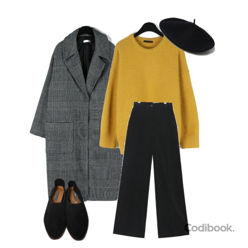 AIN bubbly corduroy wide pants (s, m),daily monday Warmer angora wool knit,daily monday Glan check long coat등을 매치한 코디