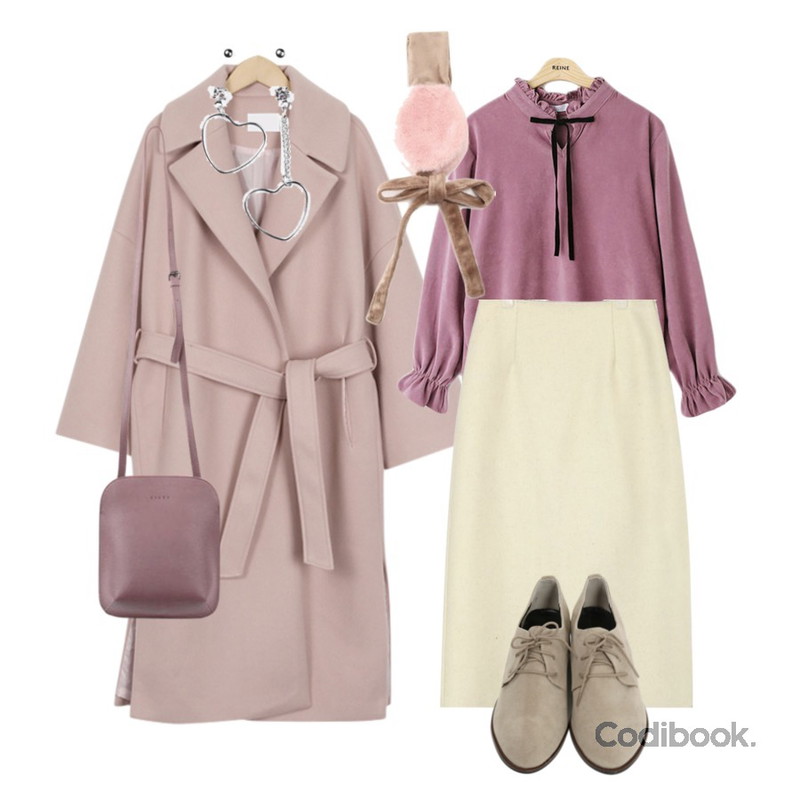 From Beginning Belted lapel long coat_K (size : free),Reine 쇼콜라 프릴 리본 블라우스,AIN back placket wool long skirt (s, m)등을 매치한 코디