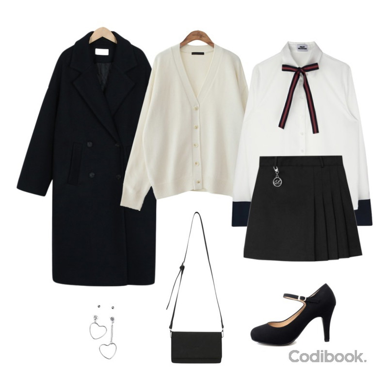 MIXXMIX 시그니처 리본 블라우스,From Beginning London boxy long coat_S (size : free),common unique [OUTER] 5 COLOR BASIC V NECK CARDIGAN등을 매치한 코디